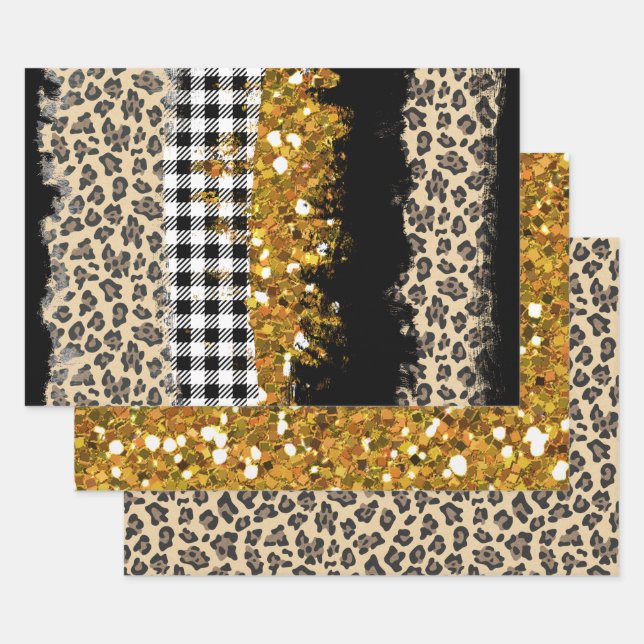 Gold Glitter Buffalo Plaid Leopard Wrapping Paper Sheets (Set)