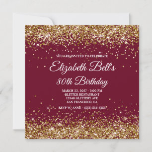 Gold Glitter Burgundy 80th Birthday Invitation