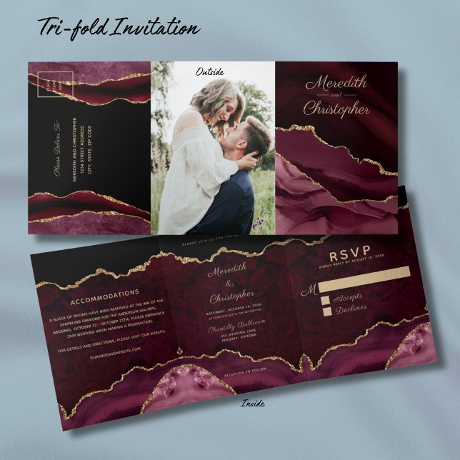 Gold Glitter Burgundy Agate Geode Wedding Tri-Fold Invitation (Creator Uploaded)