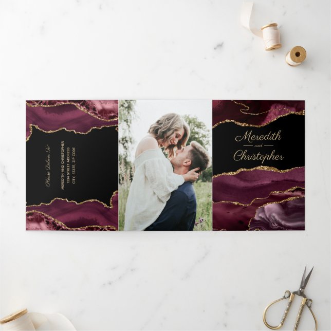 Gold Glitter Burgundy Agate Geode Wedding Tri-Fold Invitation (Outside)