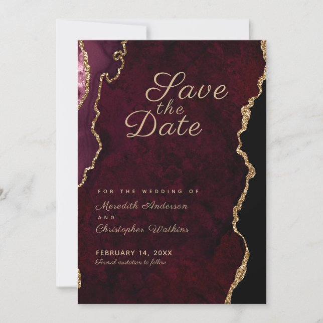 Gold Glitter Burgundy Agate Save the Date (Front)