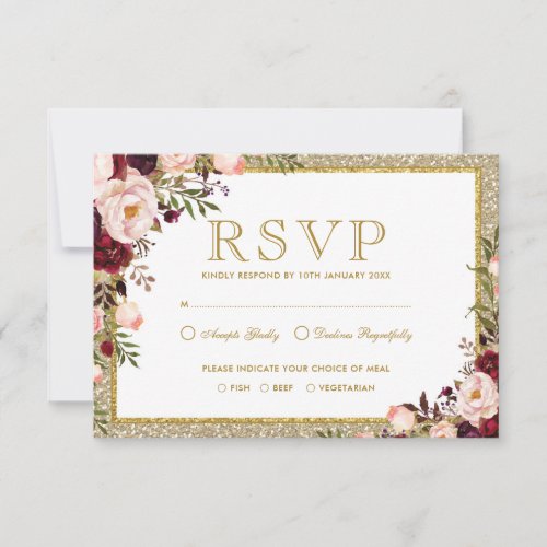 Gold Glitter Burgundy Blush Floral Wedding RSVP Card