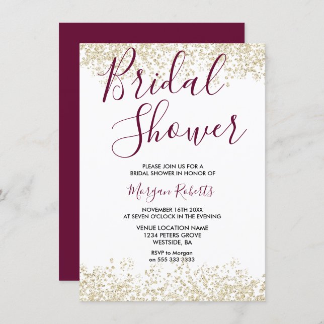 Gold Glitter Burgundy Bridal Shower Invitation (Front/Back)
