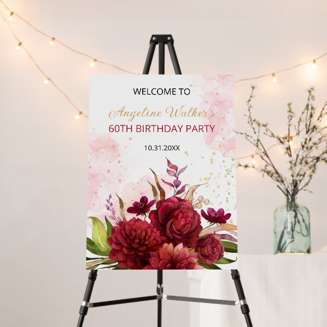 Gold Glitter Burgundy Dahlia Rose Floral Birthday Foam Board (In Situ (Stand))
