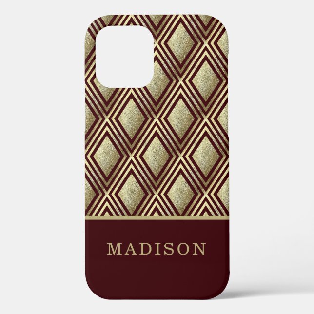 Gold Glitter Burgundy Diamond Pattern Personalized Case-Mate iPhone Case (Back)