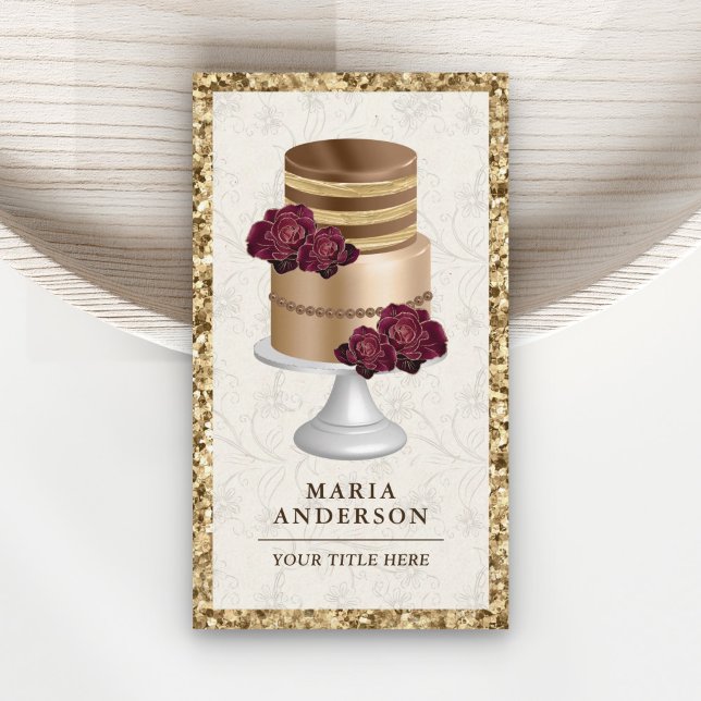 Gold Glitter Burgundy Floral Custom Cake Bakery Business Card (Creator Uploaded)