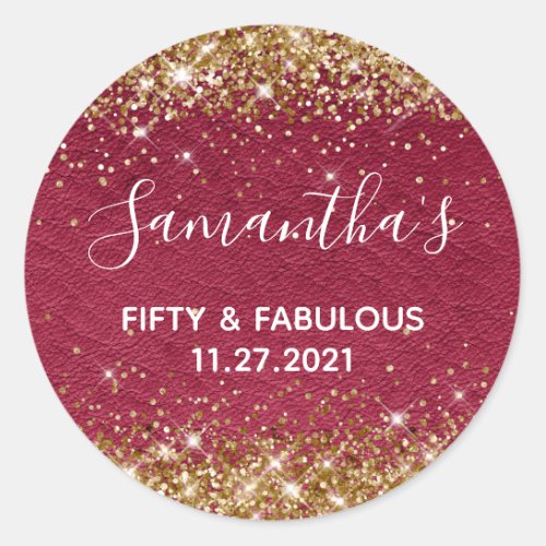 Gold Glitter Burgundy Leather Fifty and Fabulous Classic Round Sticker