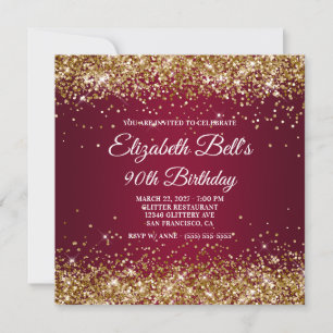 Gold Glitter Burgundy Ombre 90th Birthday Invitation