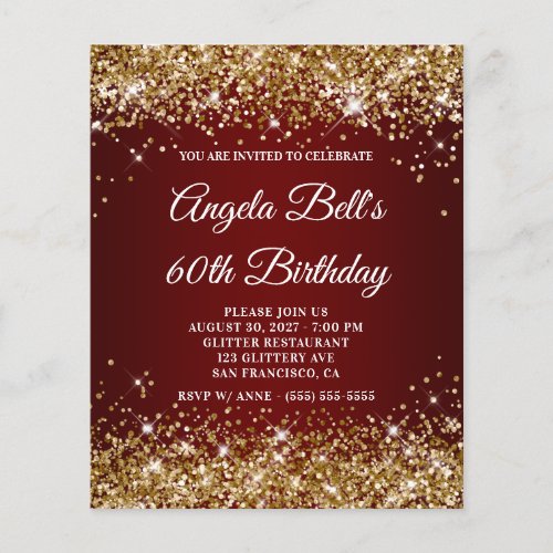 Gold Glitter Burgundy Red 60th Birthday Invitation