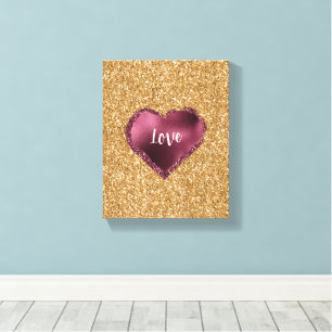 Gold Glitter Burgundy Red Heart Love Canvas Print