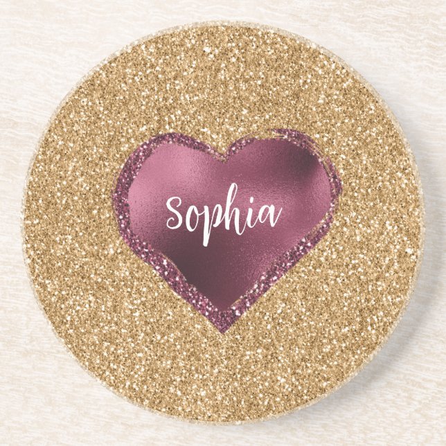 Gold Glitter Burgundy Red Heart Love Coaster (Front)