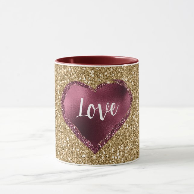 Gold Glitter Burgundy Red Heart Love Mug (Center)