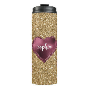 Gold Glitter Burgundy Red Heart Love Thermal Tumbler