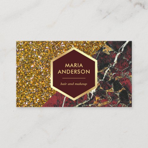 Gold Glitter Burgundy Red Marble Makeup Artist Business Card