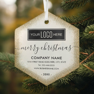 Gold Glitter Business Logo Christmas Glass Ornament