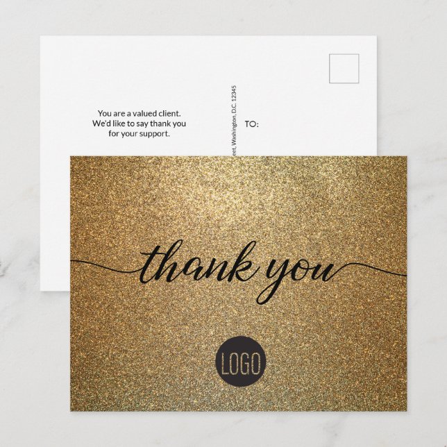 Gold Glitter Business logo Customer Thank you Postcard (Front/Back)