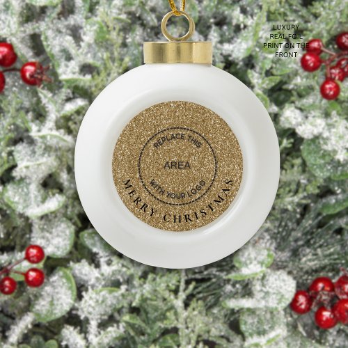 Gold Glitter Business Logo Merry Christmas Ceramic Ball Christmas Ornament