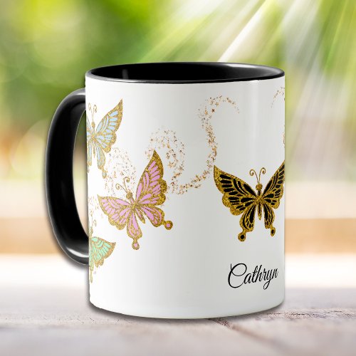 Gold Glitter Butterflies and Stars Mug