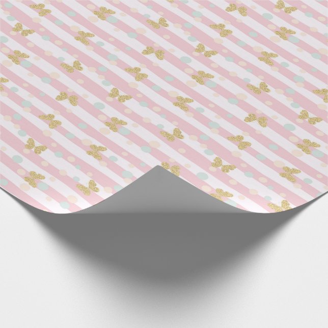 Gold Glitter Butterflies Pink Stripes Girly Wrapping Paper (Corner)