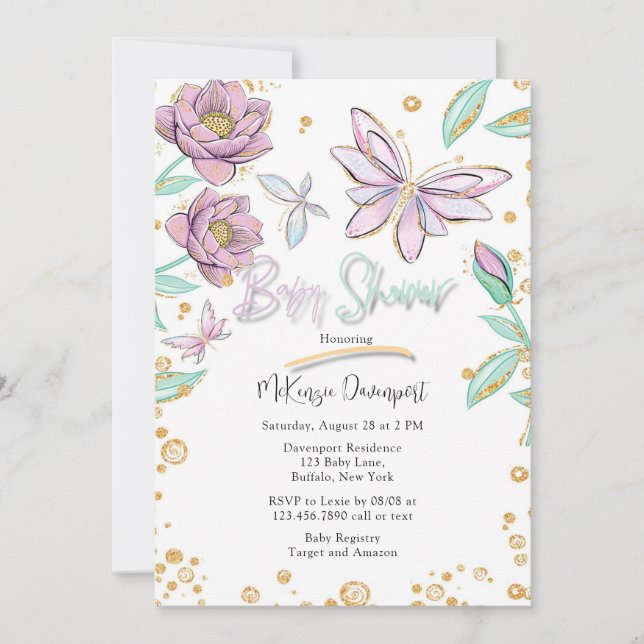 Gold Glitter Butterfly and Flower Girl Baby Shower Invitation (Front)