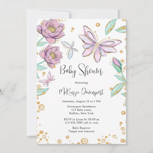 Gold Glitter Butterfly and Flower Girl Baby Shower Invitation