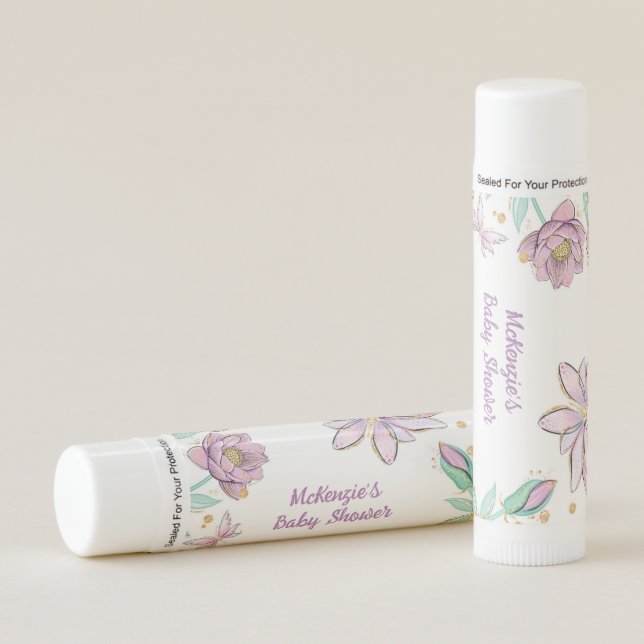Gold Glitter Butterfly and Flower Girl Baby Shower Lip Balm (Front)