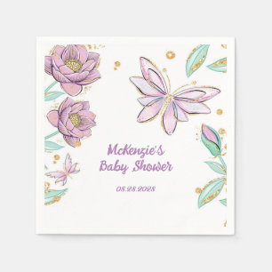Gold Glitter Butterfly and Flower Girl Baby Shower Napkins