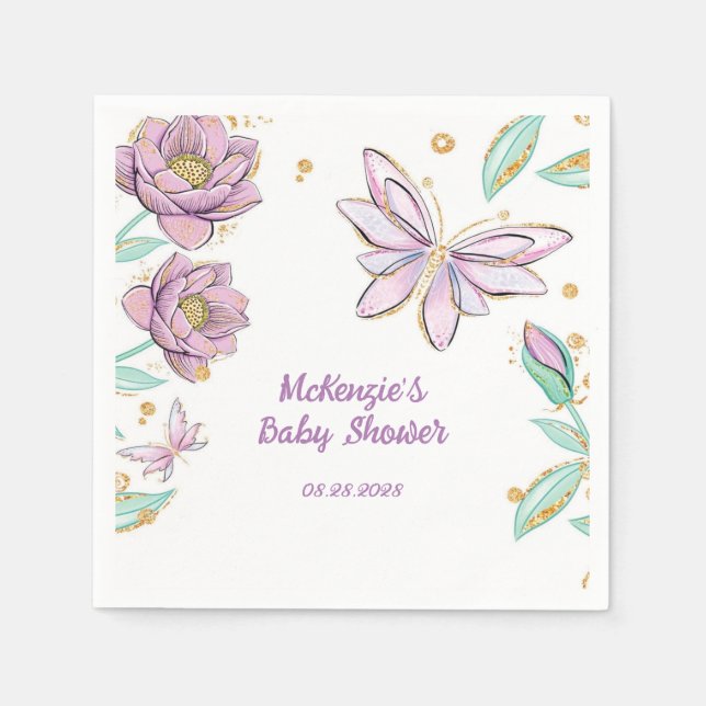 Gold Glitter Butterfly and Flower Girl Baby Shower Napkins (Front)