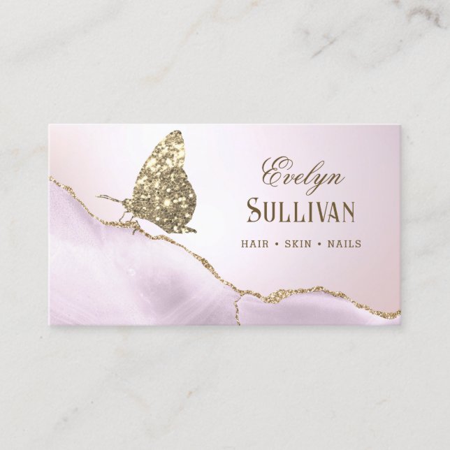 Gold Glitter Butterfly Lilac Agate Business Card (Front)