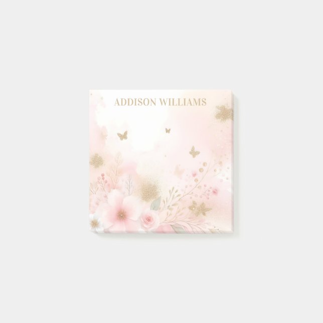 Gold Glitter Butterfly Pink Flowers Personalized Post-it Notes (Front)