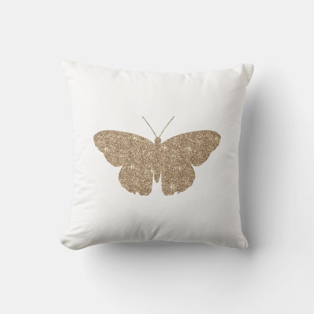 Gold Glitter Butterfly with White and Black Stripe Throw Pillow (Front)