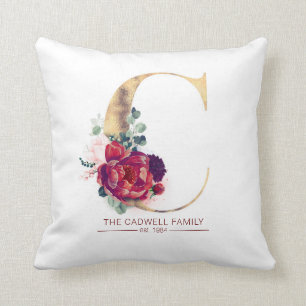 Gold Glitter C Monogram Floral Burgundy Red Throw Pillow