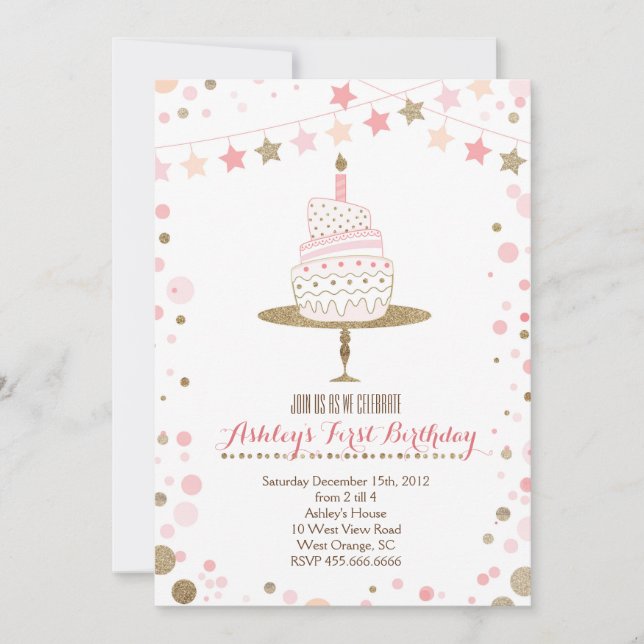 Gold Glitter Cake  Birthday Invitation (Front)