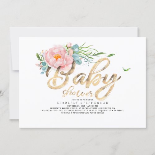Gold Glitter Calligraphy Pink Floral Baby Shower Invitation