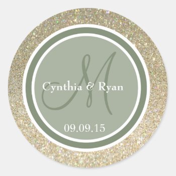 Gold Glitter & Camo Green Wedding Monogram Classic Round Sticker by Mintleafstudio at Zazzle