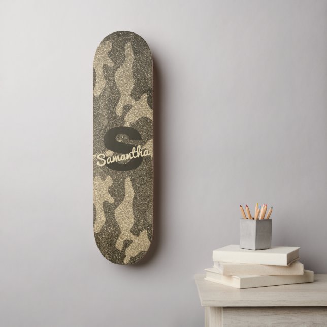 Gold Glitter Camouflage Personalized Monogrammed Skateboard (Wall Art)