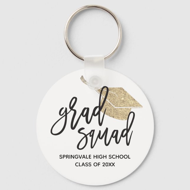 Gold Glitter Cap Grad Squad Graduation Keepsake  Keychain (Front)