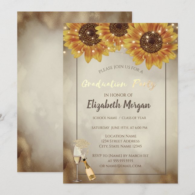 Gold Glitter Cap, Wine,Glass, Sunflowers Gold Touh Invitation (Front/Back)