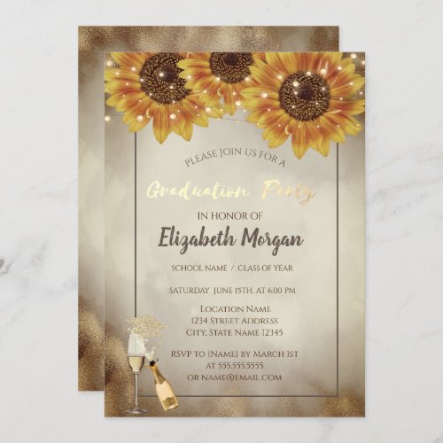 Gold Glitter Cap WineGlass Sunflowers Gold Touh Invitation