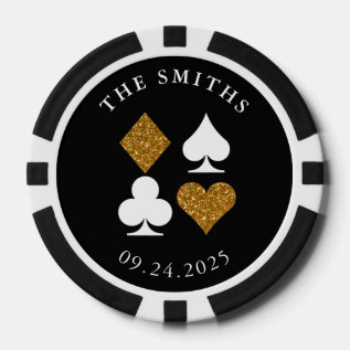 Gold Glitter Card Suit Wedding Date And Name Favor Poker Chips at Zazzle