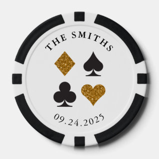 Gold Glitter Card Suits Wedding Date And Name Poker Chips at Zazzle