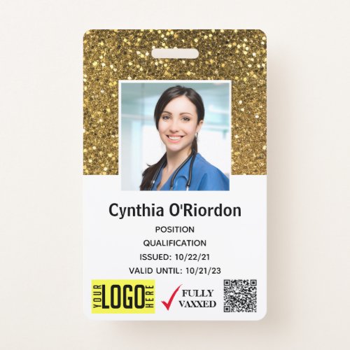 Gold Glitter Caregiver QR Barcode Photo ID Badge