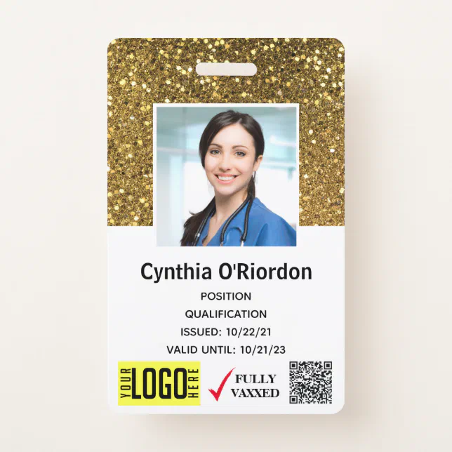 Gold Glitter Caregiver QR Barcode Photo ID Badge | Zazzle