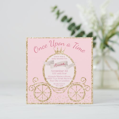 Gold Glitter Carriage Fairy Tale Baby Shower Invitation