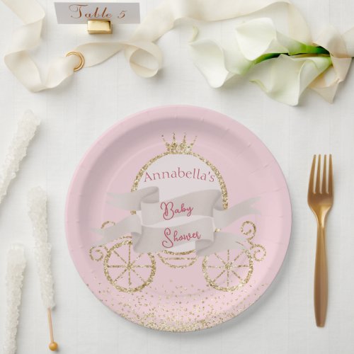 Gold Glitter Carriage Fairy Tale Baby Shower Paper Plates