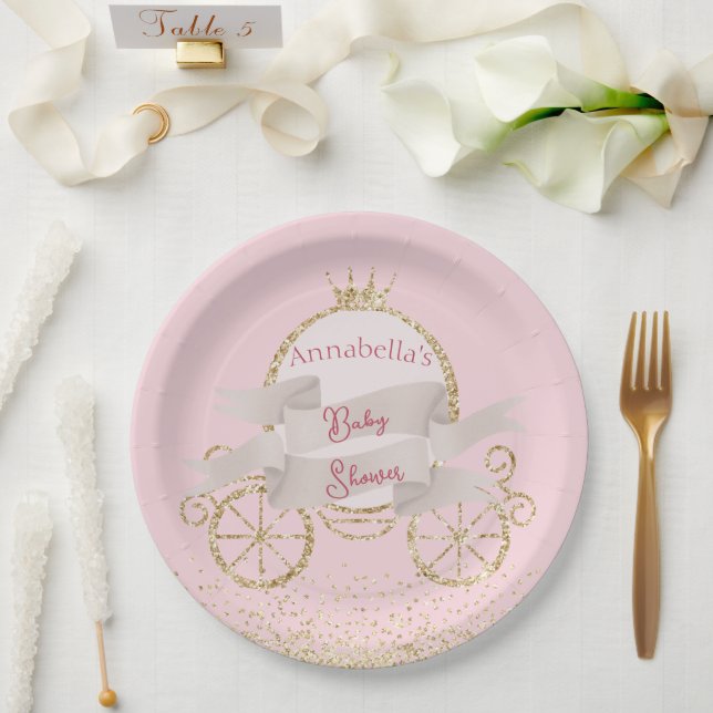 Gold Glitter Carriage Fairy Tale Baby Shower Paper Plates (Wedding)