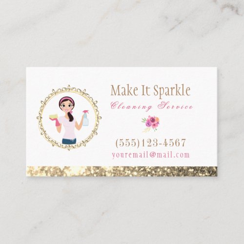  Gold Glitter Cartoon Maid Cleaning Services Business Card