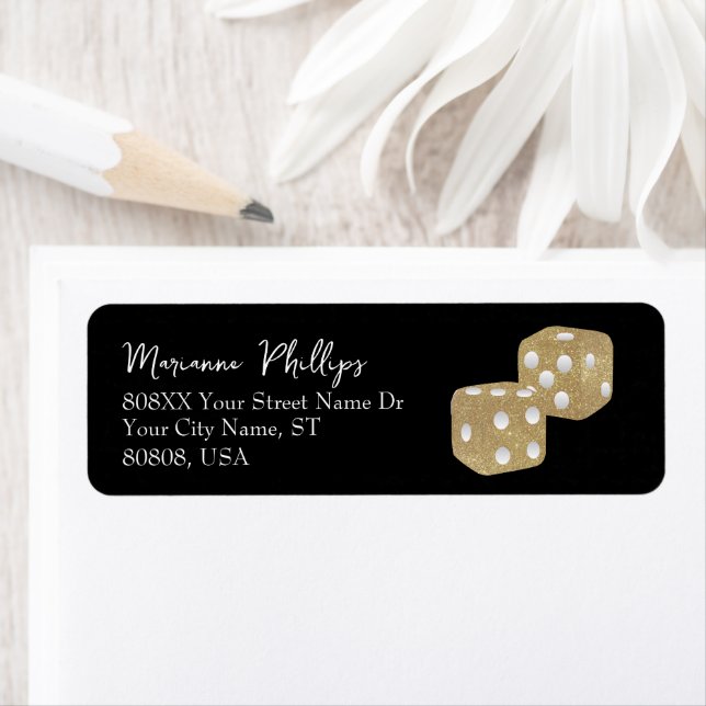 Gold Glitter Casino Dice on Black Label (Insitu)