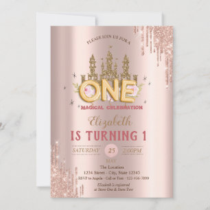 Gold Glitter Castle,Rose Gold Drips 1st Birthday  Invitation