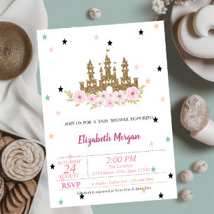 Gold Glitter Castle, Stars, Princess  Baby Shower Invitation